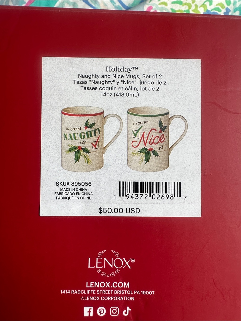 Lenox Holiday 'Naughty' and 'Nice' Mug Set with Red and Green Accents